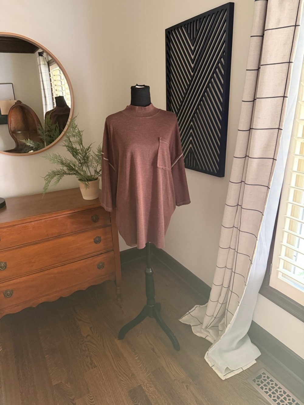 POL oversized, mock ribbed tunic in brown medium